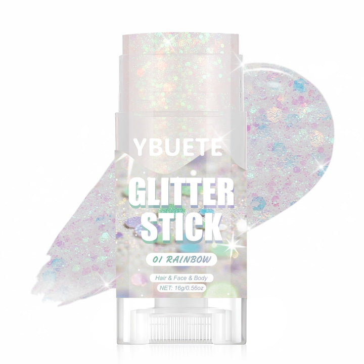 YBUETE front packaging showing glitter stick and colorful branding for easy identification
