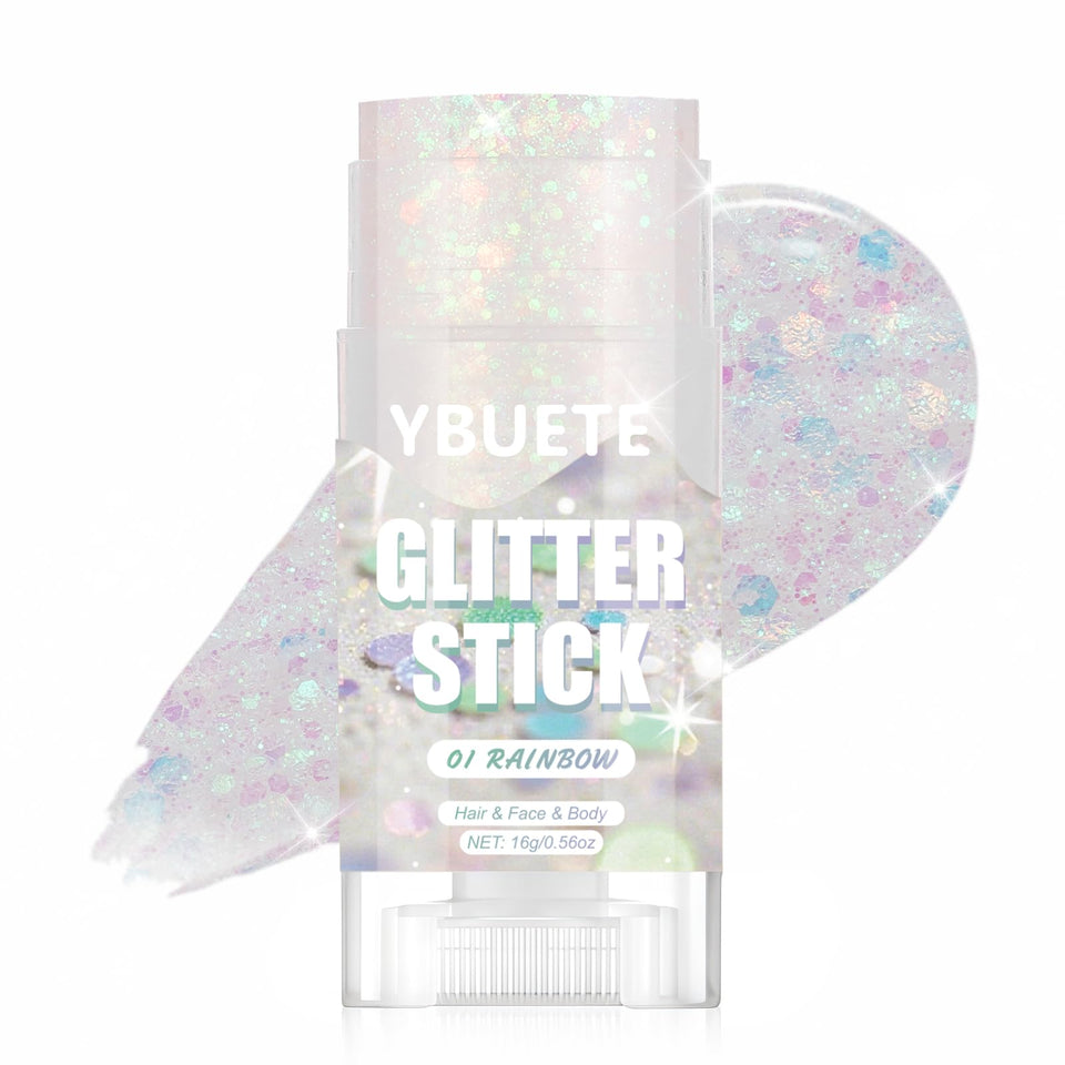 YBUETE front packaging showing glitter stick and colorful branding for easy identification