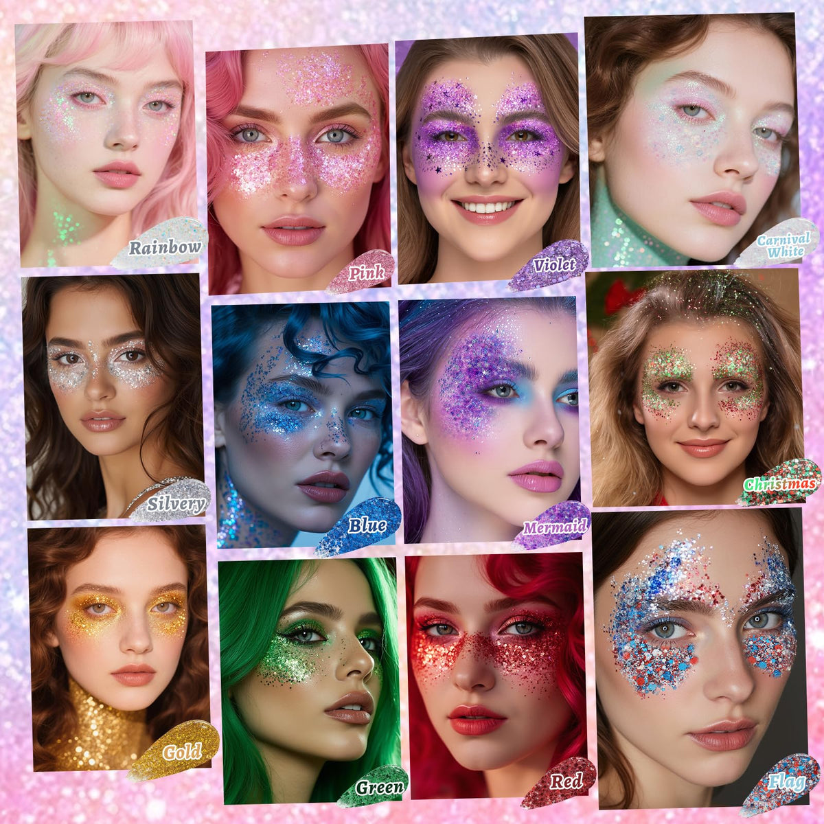 YBUETE on-model at a festival showing full-face glitter look and vibrant party effect