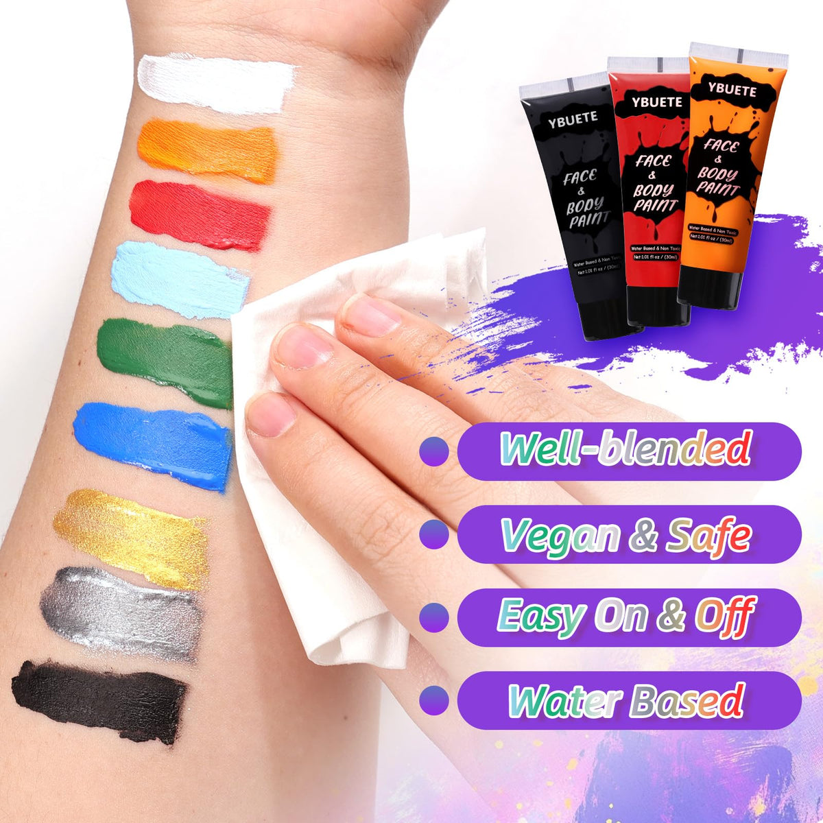 YBUETE sponges and brushes in use showing easy application for speedy costume makeup