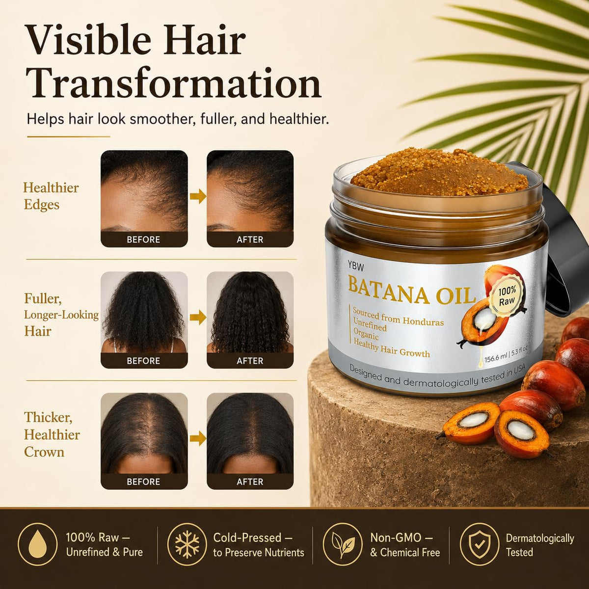 YBW hands massaging scalp with Batana paste showing stimulation and moisturization benefit