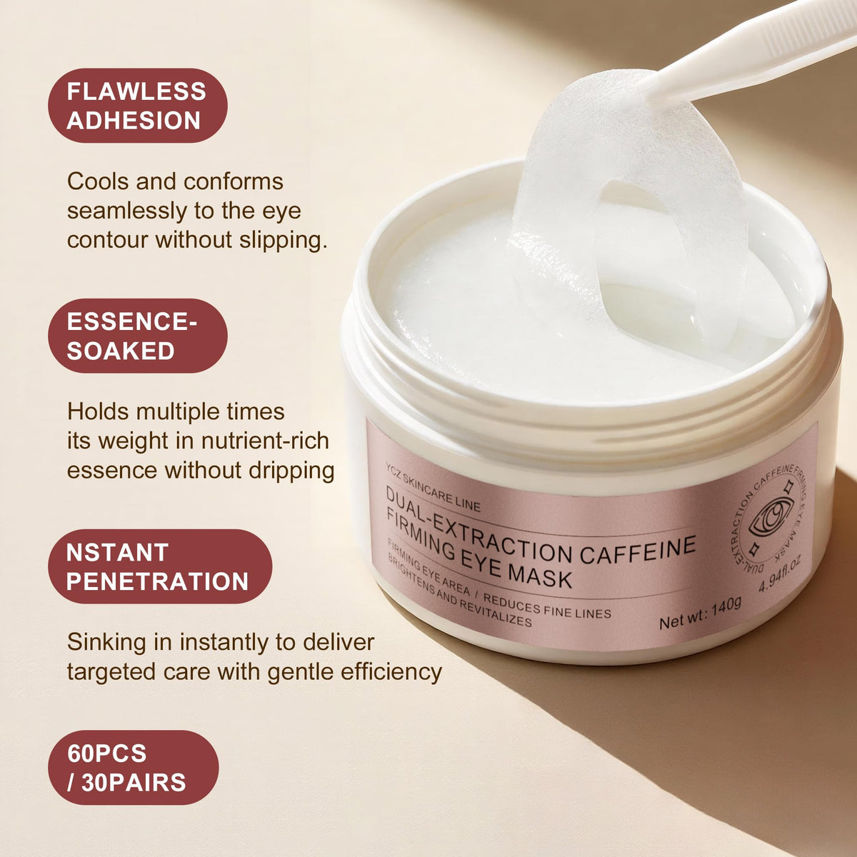 Ycz ingredient layout featuring marine collagen and caffeine for hydration and brightening
