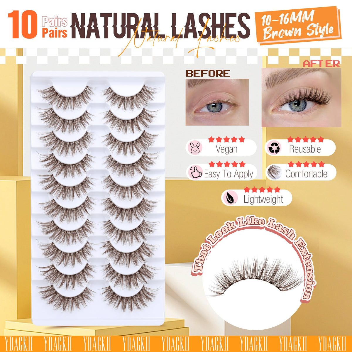 YDAGKH lashes held between fingers showing 16mm length and lightweight feel