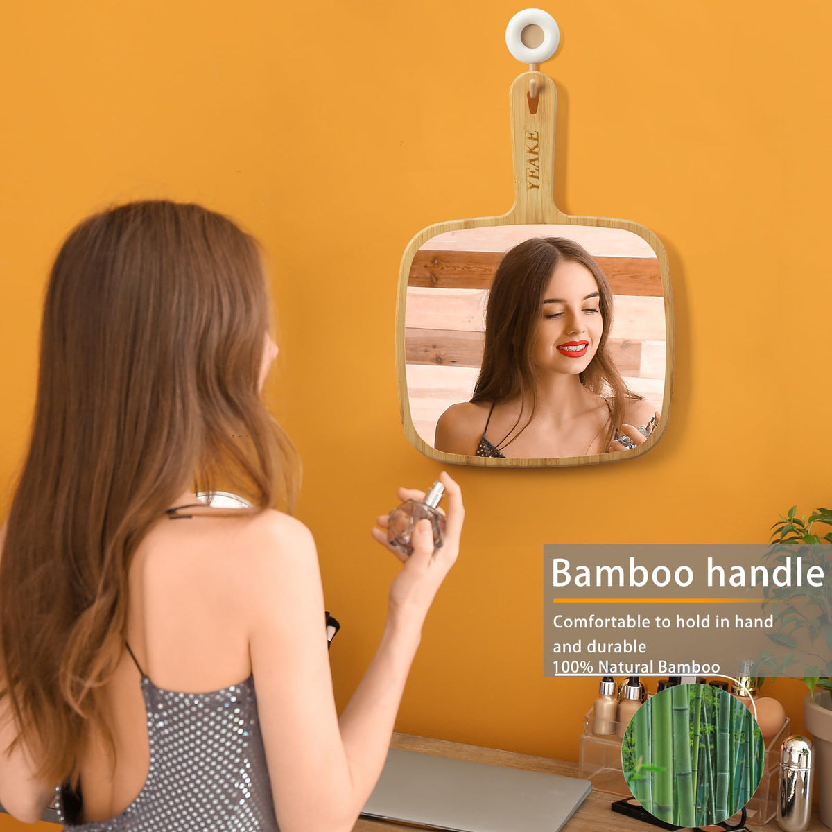 YEAKE back hanger detail on bamboo frame for easy wall mounting and storage