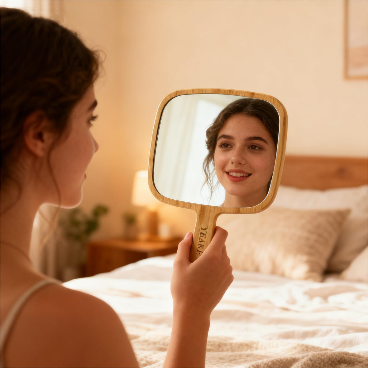 YEAKE mirror on dressing table with cosmetics showing stylish storage benefit
