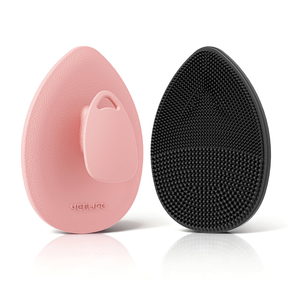 YEALIFE front view of two-color silicone scrubbers showing packaging and compact design benefit