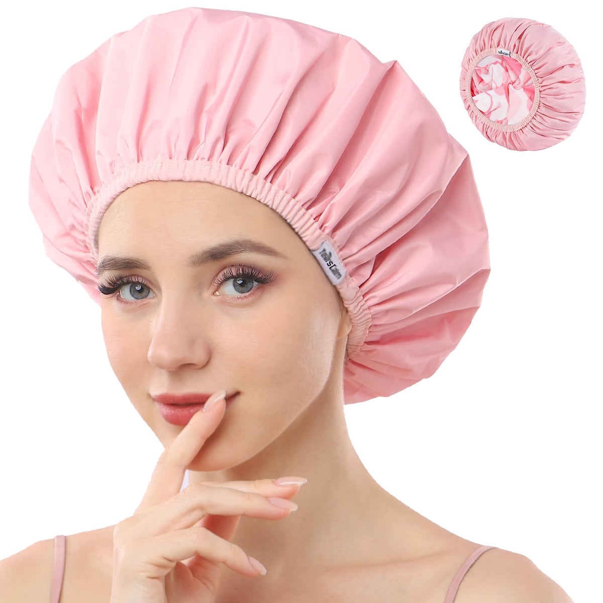 Years Calm front view of shower cap showing reversible design and neat packaging benefits