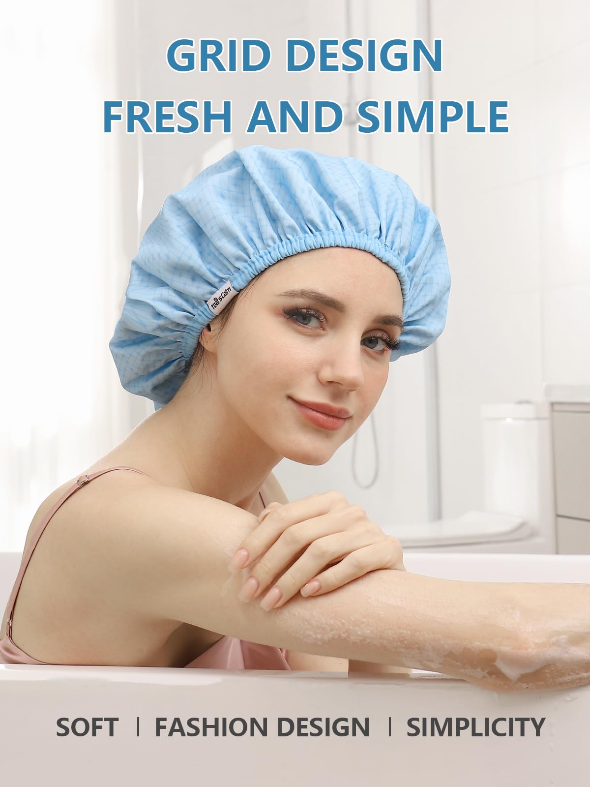 Years Calm cap hanging in bathroom demonstrating daily shower protection