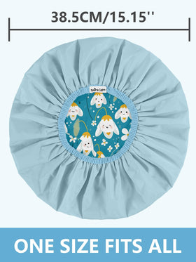 Years Calm shower cap worn in shower setting, keeping hair dry and protected