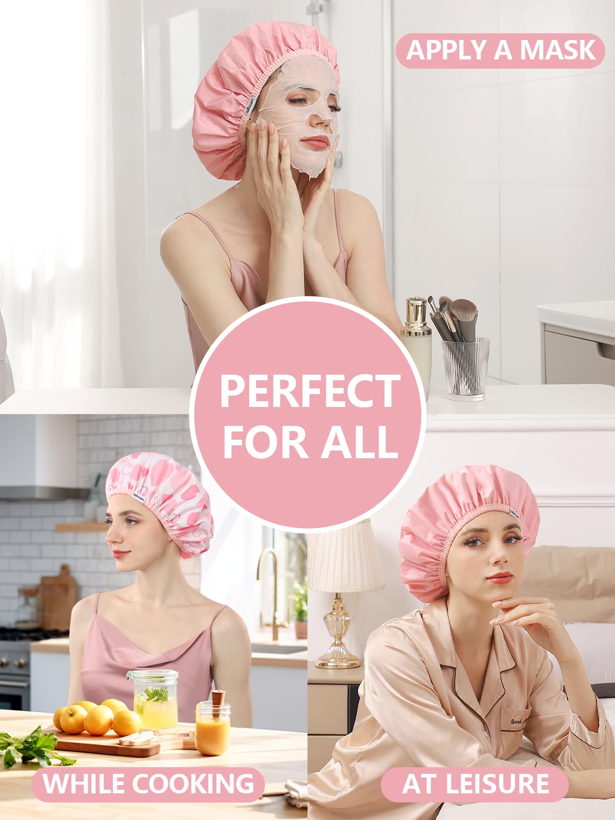 Years Calm shower cap being worn in shower illustrating dry hair protection benefit