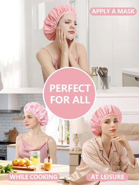 Years Calm shower cap being worn in shower illustrating dry hair protection benefit