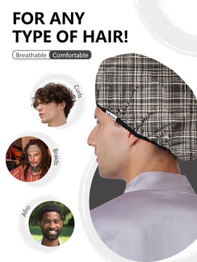 Years Calm man wearing shower cap in shower keeping hair dry