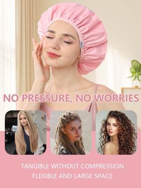 Years Calm shower cap tucked into travel bag showing lightweight portability benefit