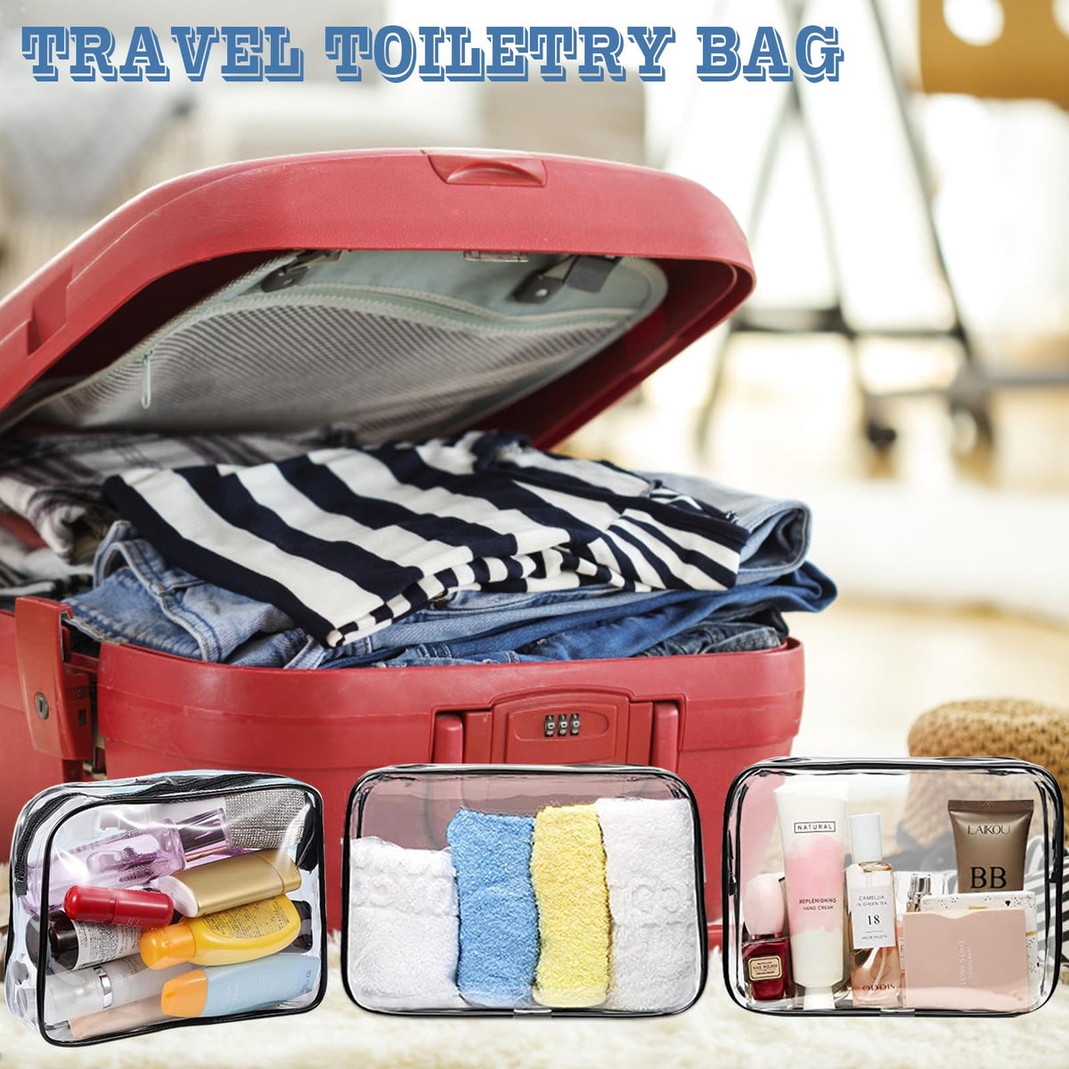 YedsIntu stacked pouches in suitcase demonstrating compact organization
