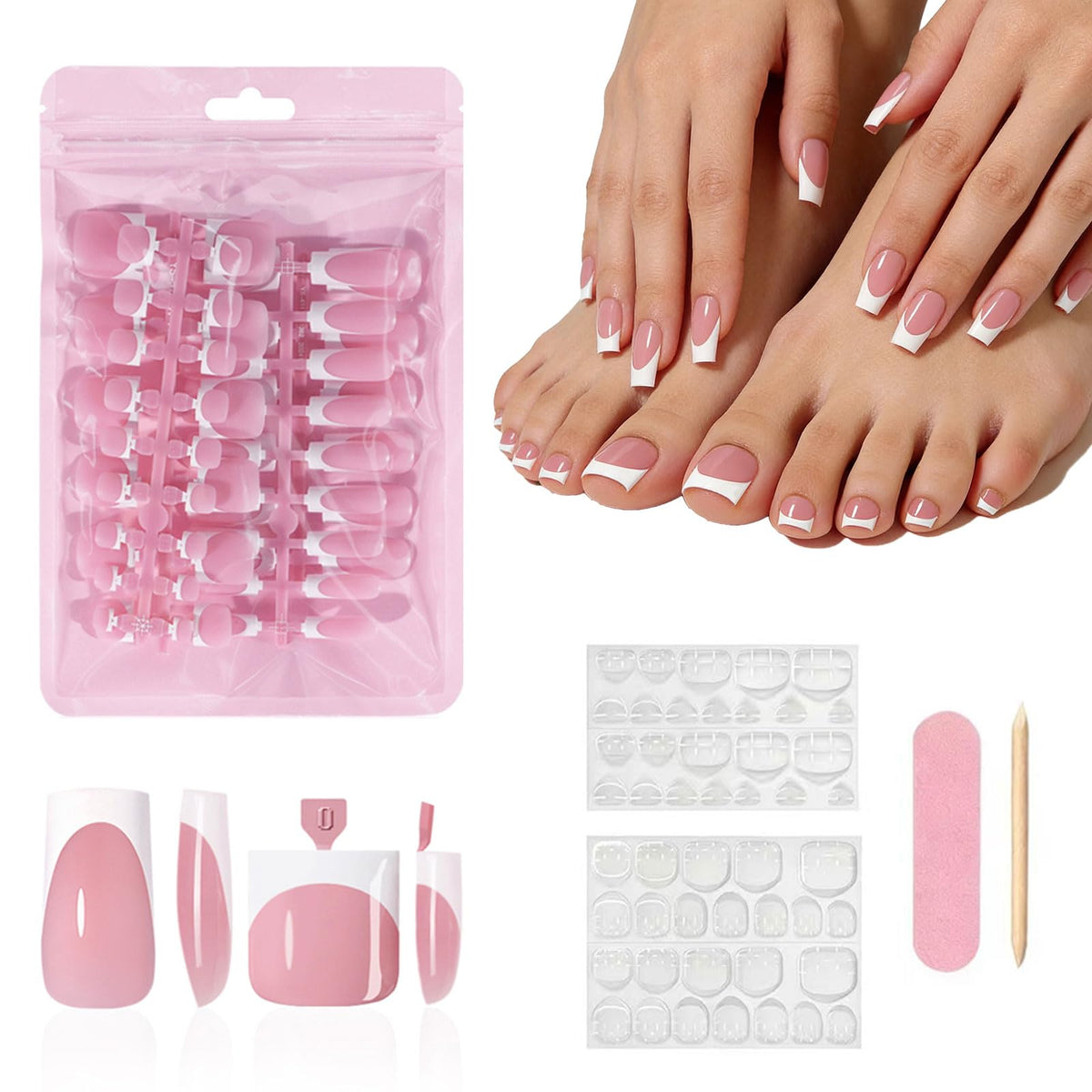 YeeLam front packaging showing glossy white French tips and travel-ready box benefit