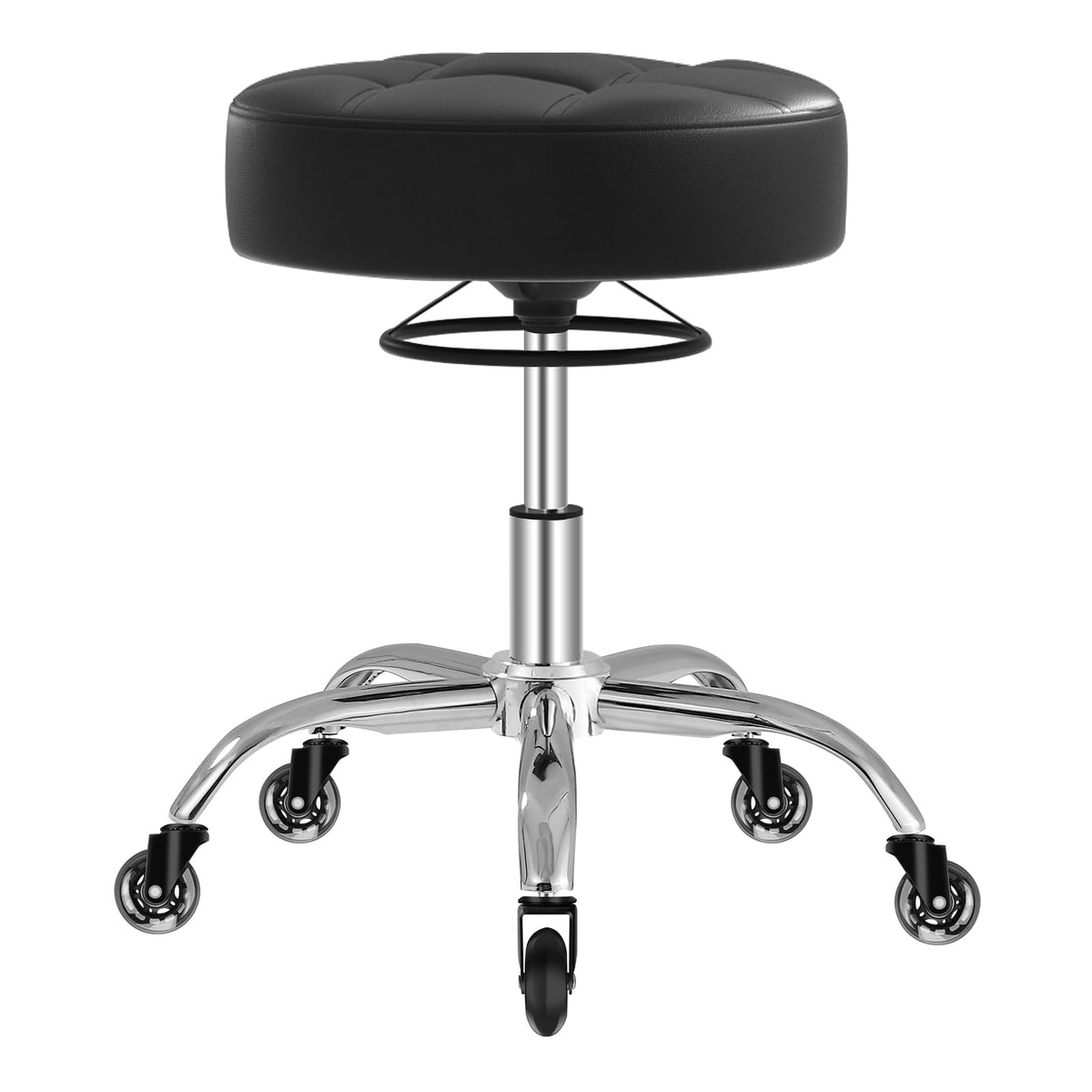 YEEZEE front view of black rolling stool showing compact professional design and durability