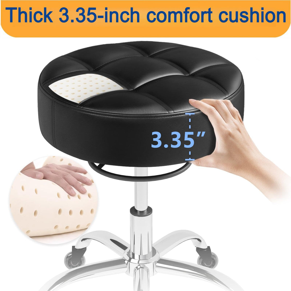YEEZEE close-up of memory foam seat cushion highlighting comfort and easy-clean leather