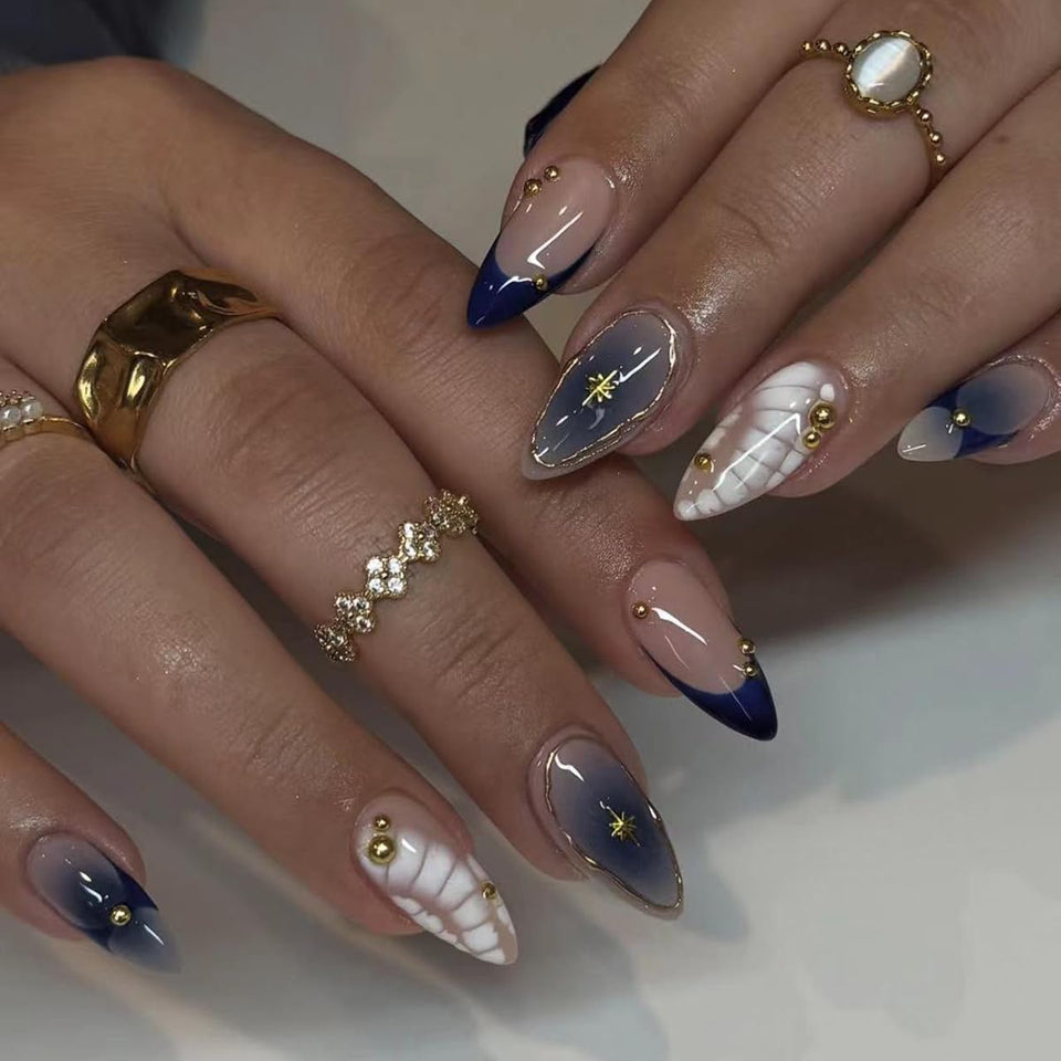 yefiuo front packaging showing almond blue French tips and box contents benefit fast salon look