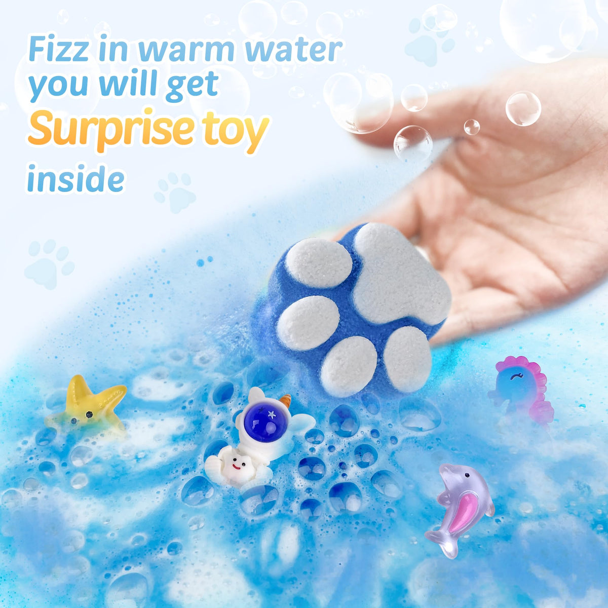 Yekery bath bomb fizzing in bathtub, colorful bubbly reaction entertains kids