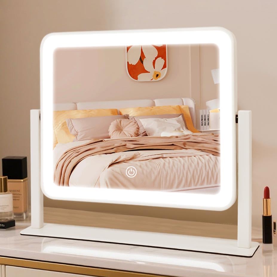 YEKKOPT front view of mirror showing LED ring and elegant aluminum frame for clearer makeup
