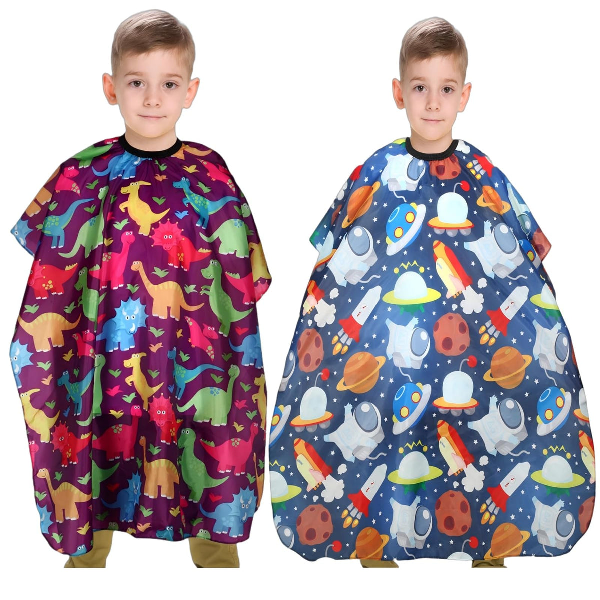 YELEGAI cape front view showing dinosaur and space prints, helps engage children
