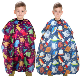 YELEGAI cape front view showing dinosaur and space prints, helps engage children
