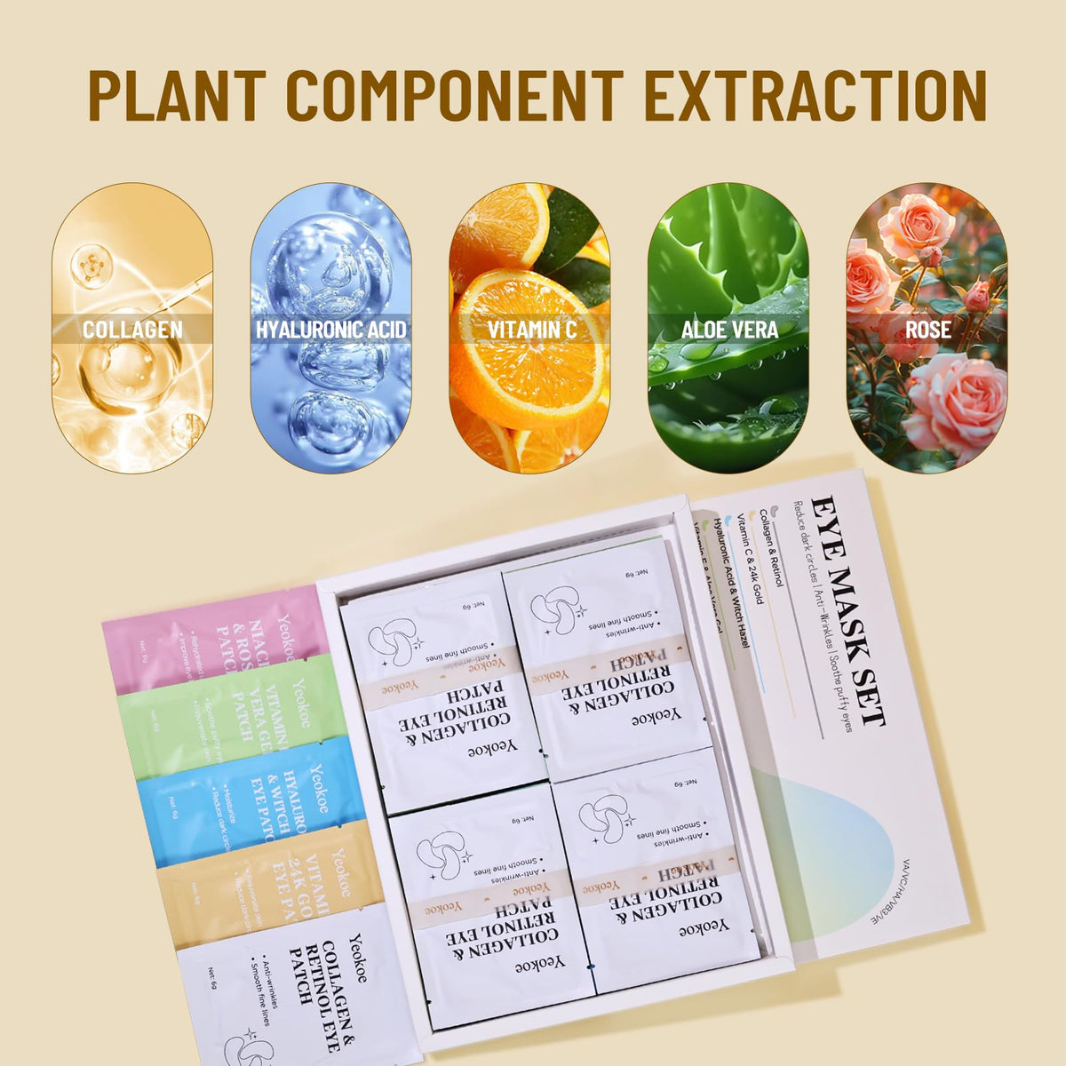 Yeokoe flatlay of key ingredients highlighting natural actives benefit clarity