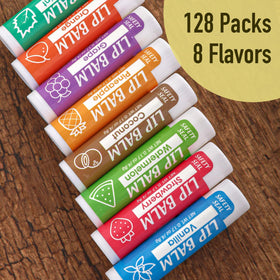YesBes top-down view of eight flavored lip balm tubes useful for flavor choice