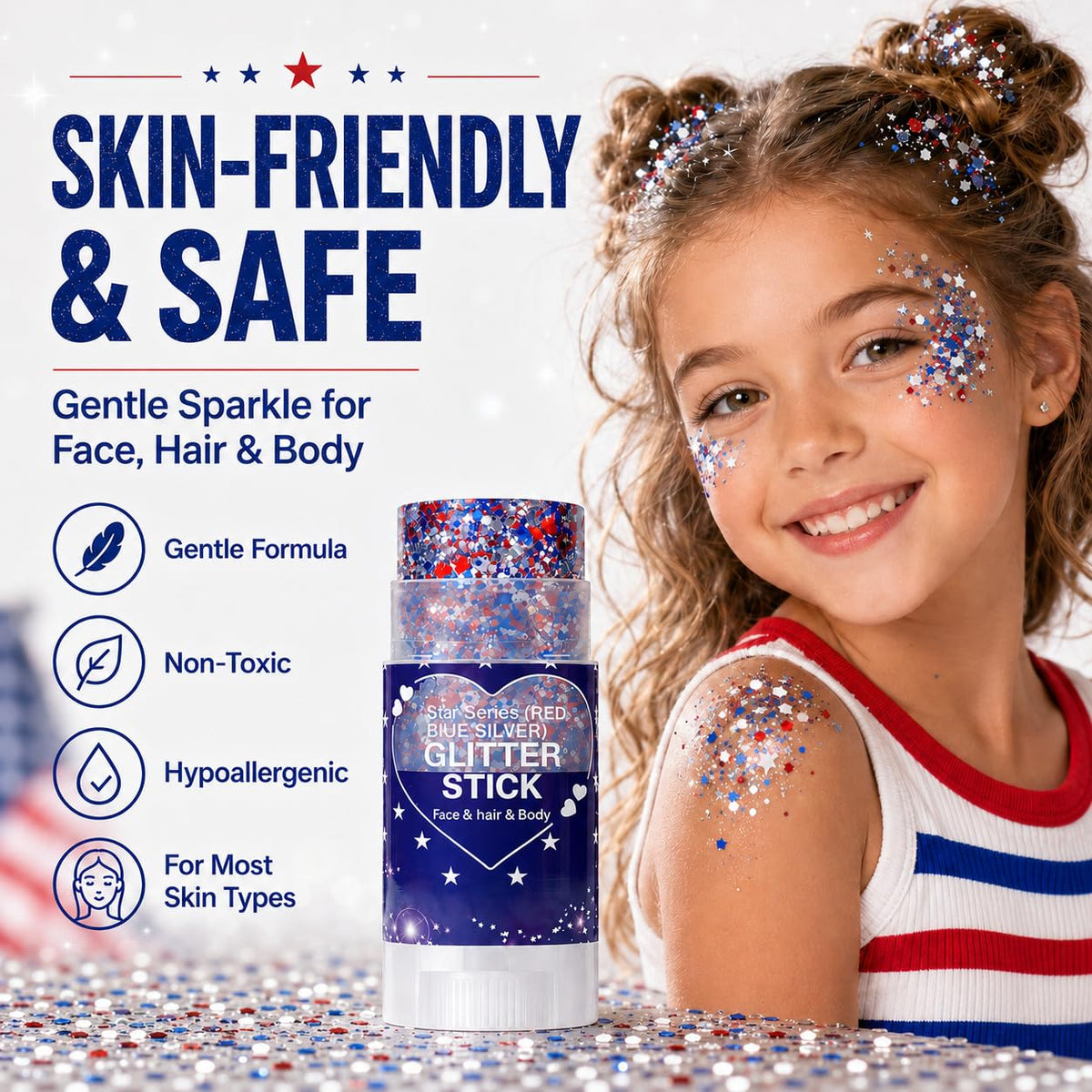 Yeweian glitter applied under eye demonstrating bold, festive accent