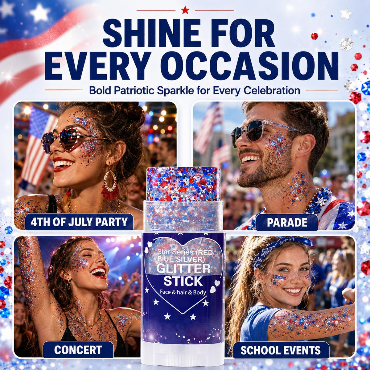 Yeweian lifestyle image at parade adding patriotic sparkle to outfit