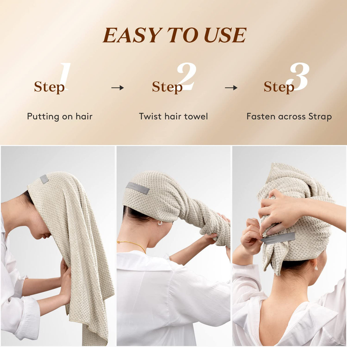 YFONG towel on curly hair showing protective fit for textured strands