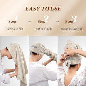 YFONG towel on curly hair showing protective fit for textured strands