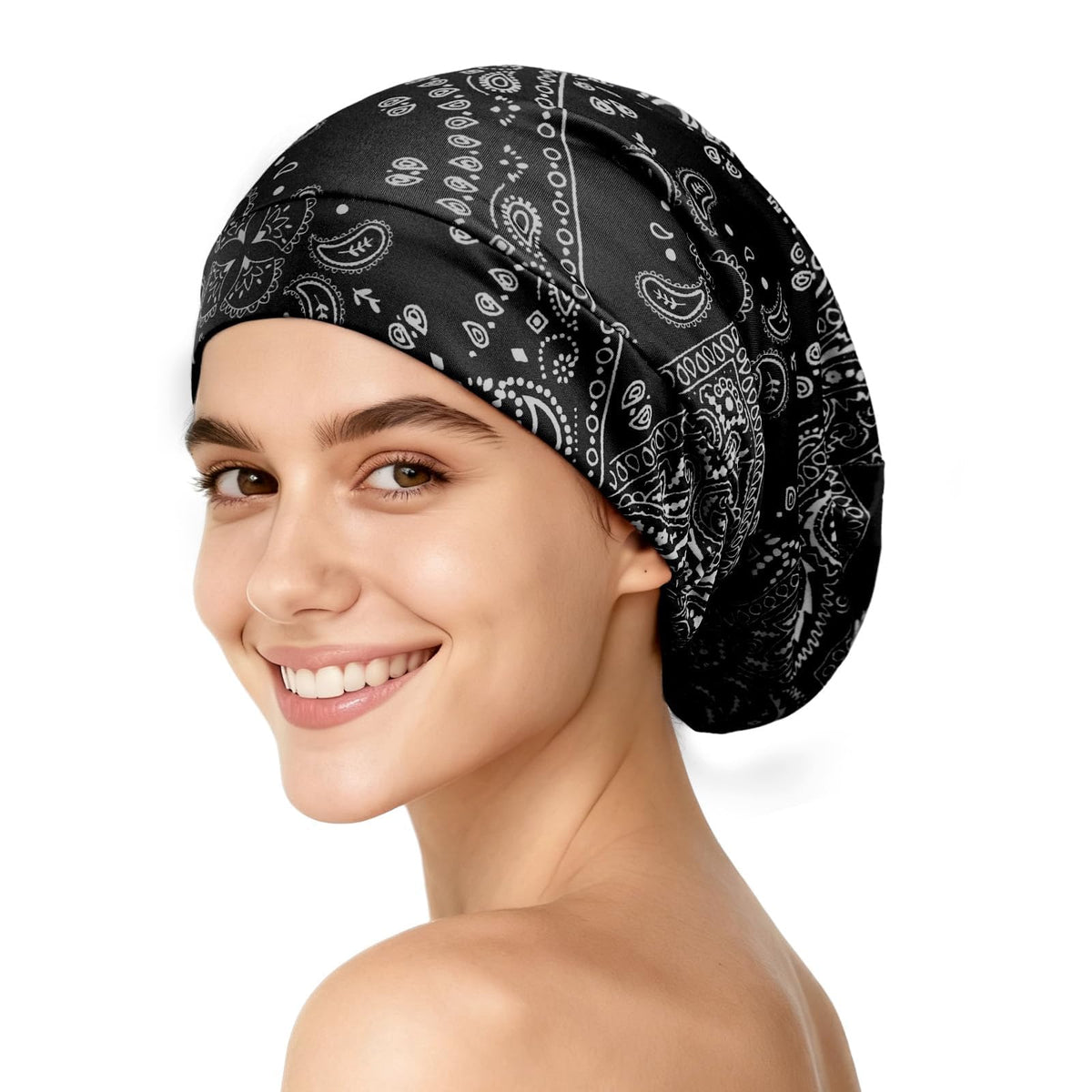 YFONG bonnet front view showing fit and stylish printed outer, protects hair overnight