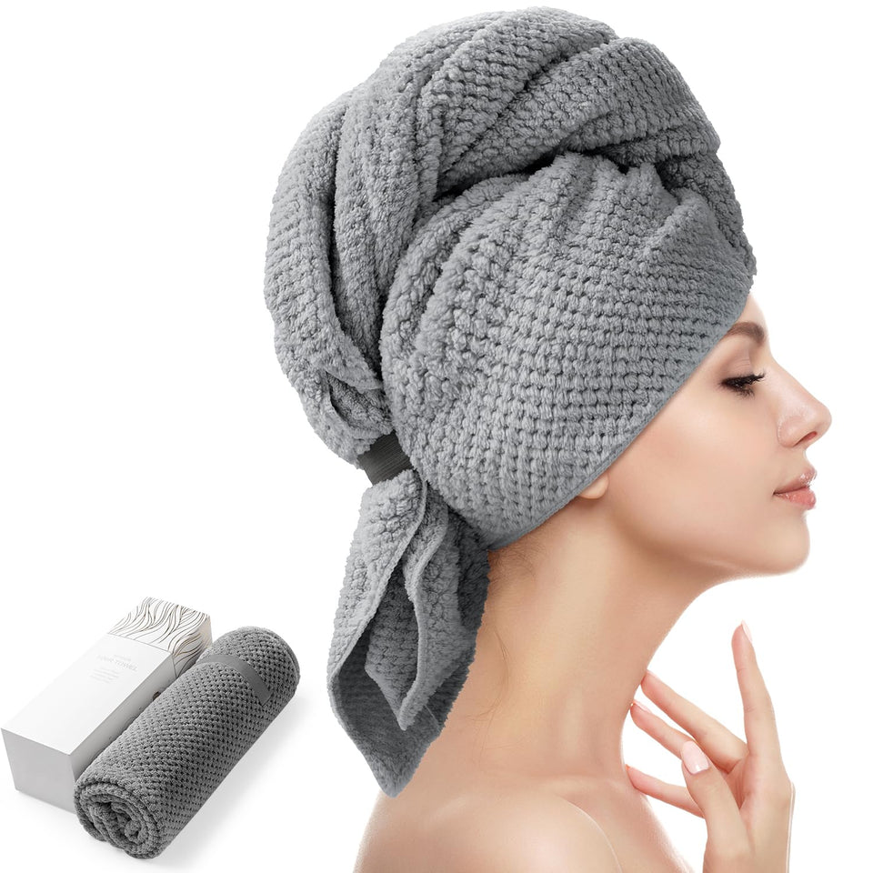 YFONG front view of dark gray towel showing whole turban and secure fit benefit