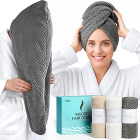 YFONG front view of three towels in grey white camel showing set and colors, easy gifting