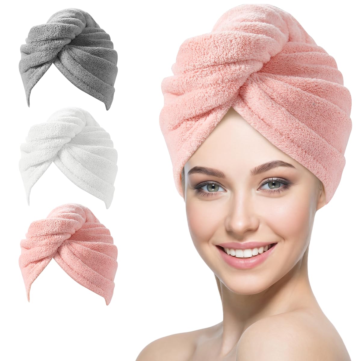 YFONG front view of three-pack turban towels showing colors and packaging benefit quick choice