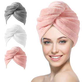 YFONG front view of three-pack turban towels showing colors and packaging benefit quick choice