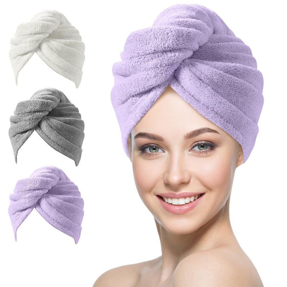 YFONG front view of purple towel wrap showing compact, no-drip design benefit