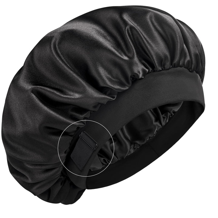 YFONG front view of black silk bonnet showing smooth fit and protection