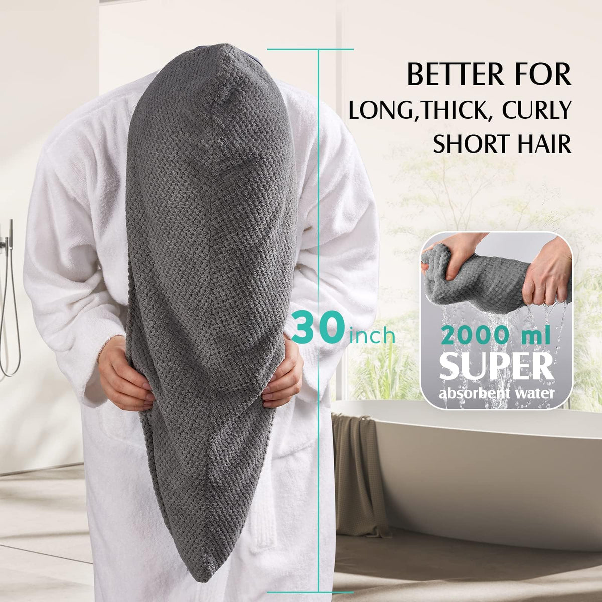 YFONG towel wrap on woman with long curly hair showing hands-free quick-dry benefit