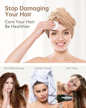 YFONG model wearing hair wrap in bathroom demonstrating hands-free drying and ease