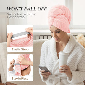 YFONG model wearing turban in bathroom showing secure hands-free use