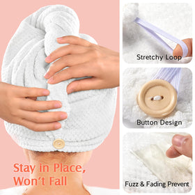 YFONG side-by-side M and L towels illustrating size options for different hair lengths