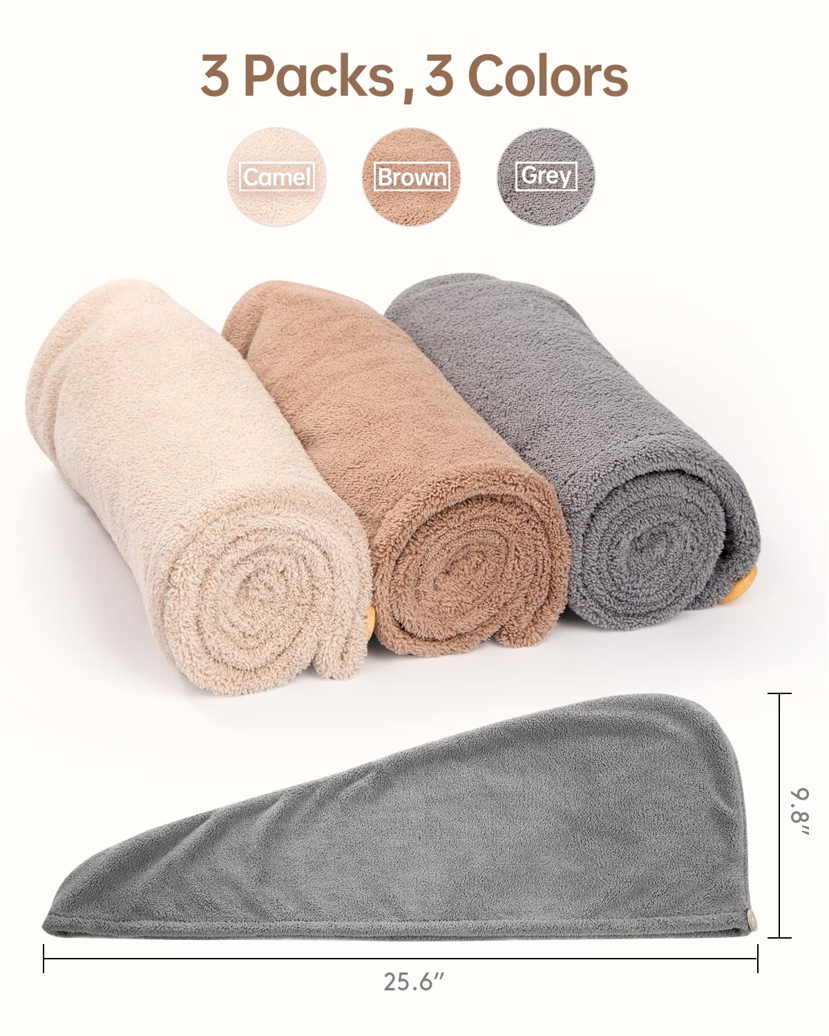 YFONG towel beside ruler showing 9.8 by 25.6 inch size for full head coverage