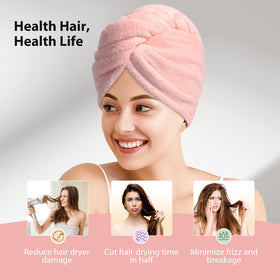YFONG turban worn by model in bathroom for hands-free drying convenience