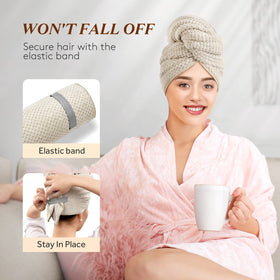 YFONG woman wrapping hair in towel turban showing hands-free convenience