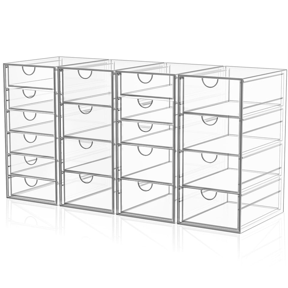 YFXCVSL front view of four clear organizers showing all 19 drawers and tidy display