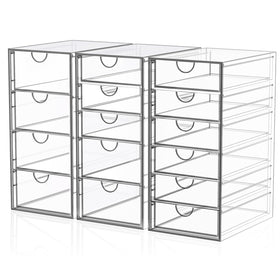 YFXCVSL front view of three clear organizers showing tidy storage benefit