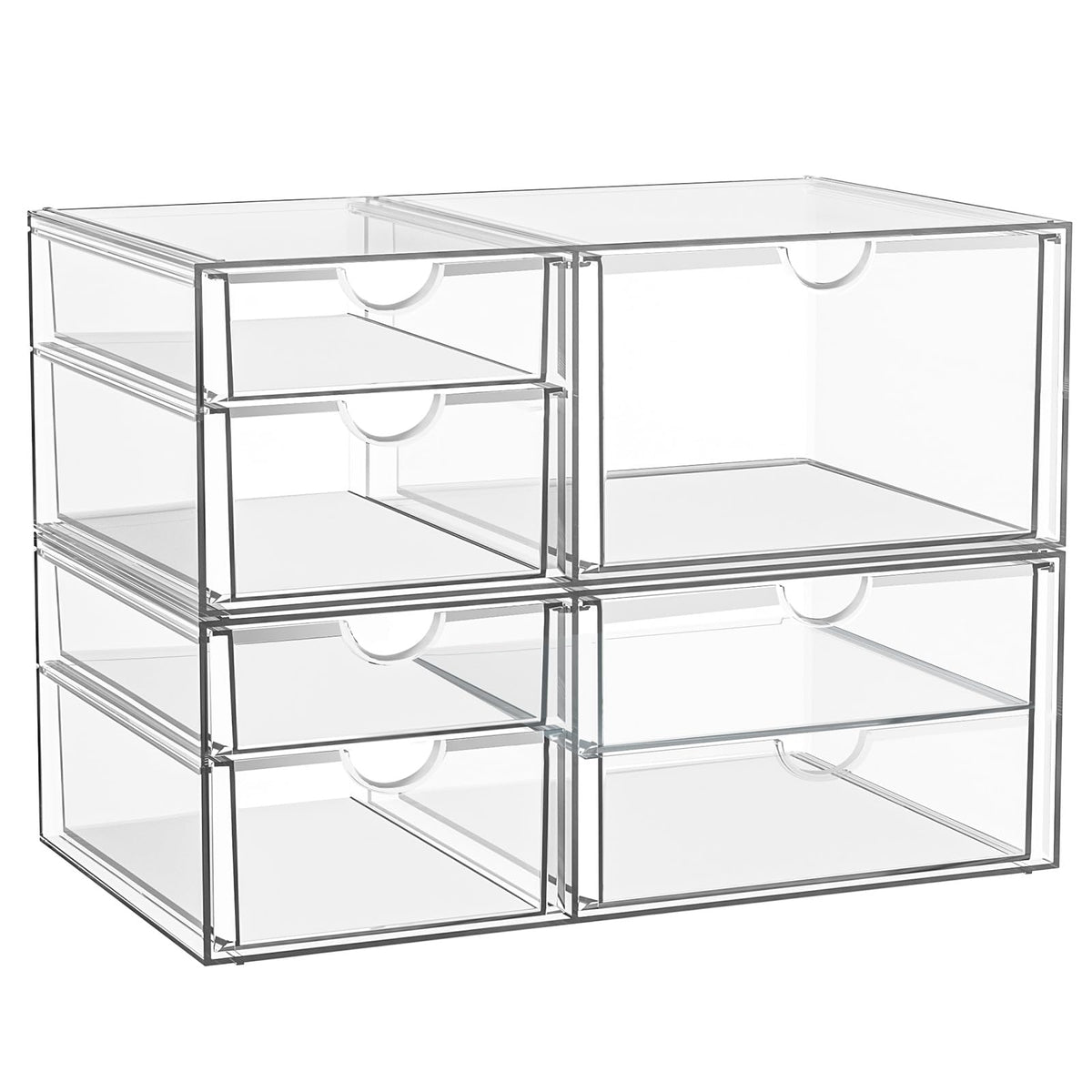 YFXCVSL front view of clear stackable drawers showing organized cosmetics