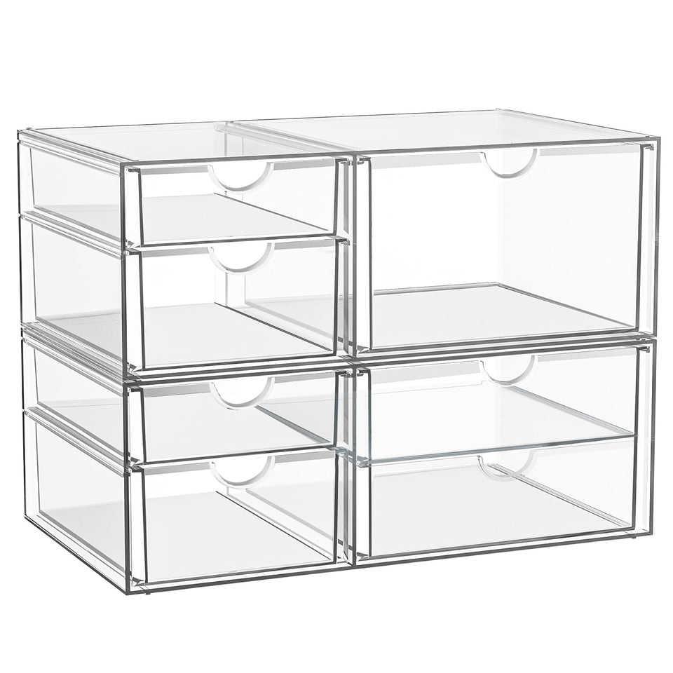 YFXCVSL front view of clear stackable drawers showing organized cosmetics
